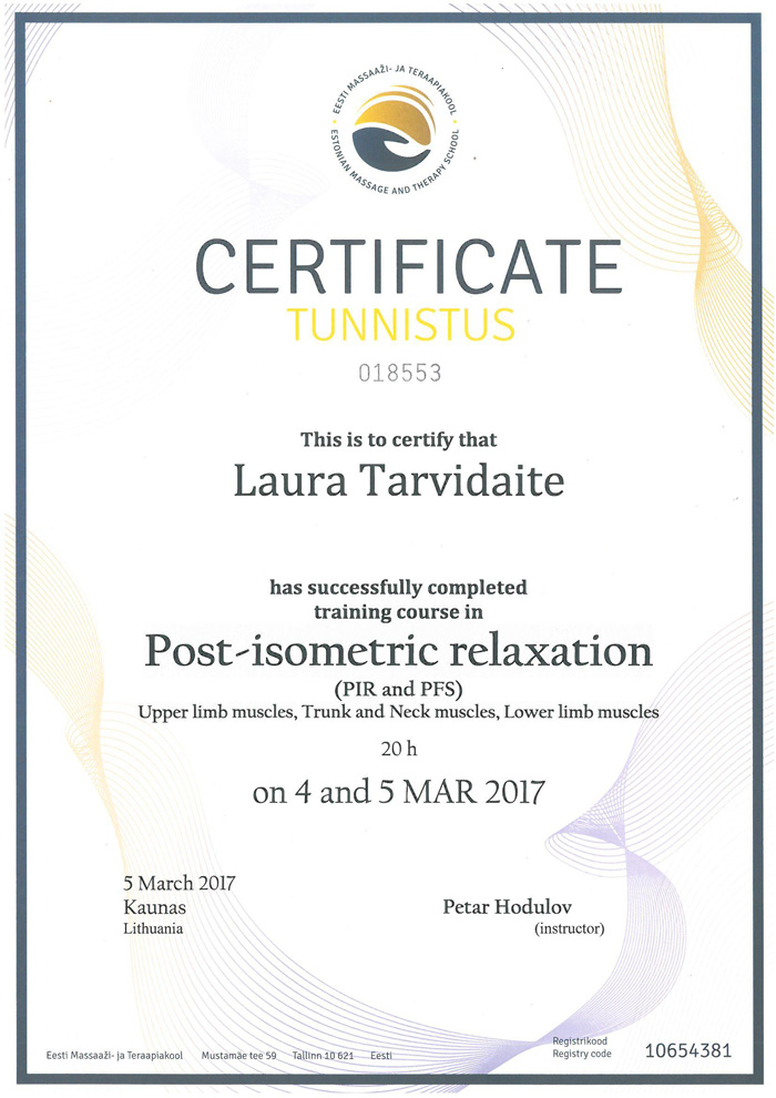 Сертификат стандарта Евросоюза Эстонской Школы Массажа и Терапии